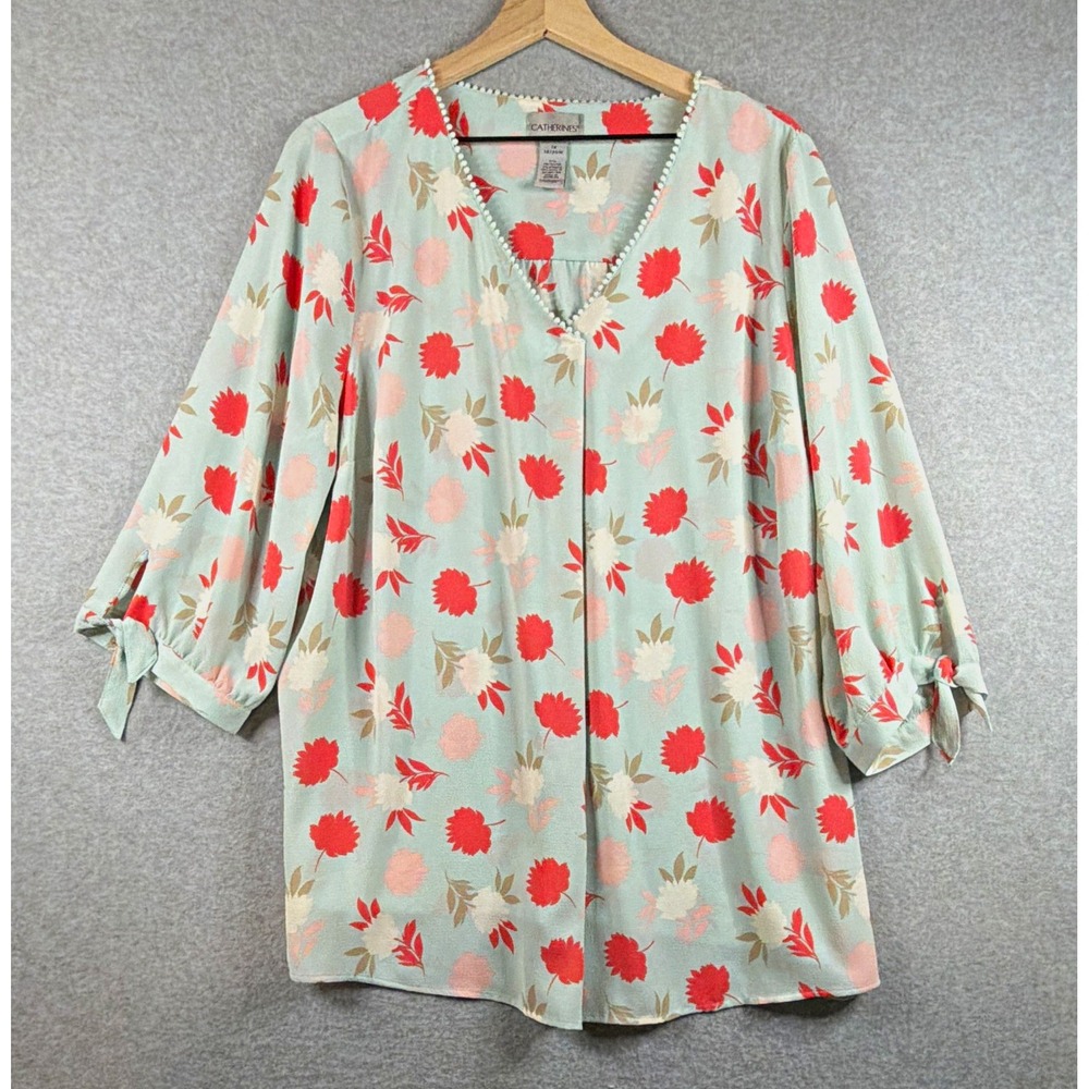 Catherines Floral Woven V-Neck Pullover Blouse w/ Tie Sleeves - Women's 1X